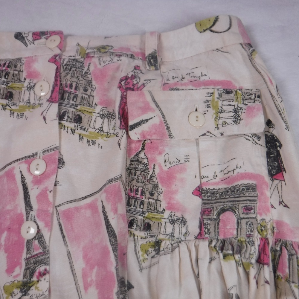 Vintage Paris Novelty Print Button Front Midi Skirt Pink White Eiffel Tower - Picture 5 of 11
